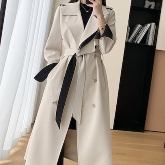 Jackets & Blazers - Beige/Black Women double breasted l, belted, long trench coat Size: Large